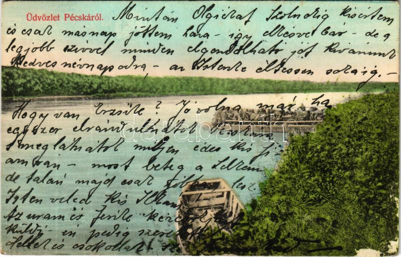 1909 Pécska, Magyarpécska, Pecica; folyópart komppal. Iritz Manó kiadása / riverside with ferry (felületi sérülés / surface damage)