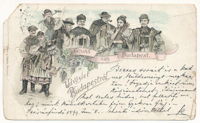1899 (Vorläufer) Budapest, Üdvözlet Budapestről. Magyar folklór művészlap. Art Nouveau, floral, litho (b)
