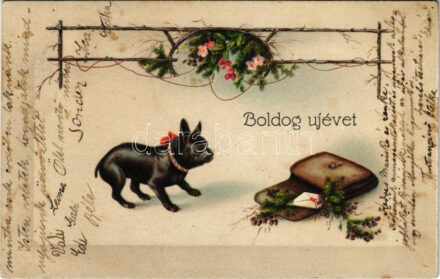 1931 Boldog Újévet! / New Year greeting art postcard with dog (fl)