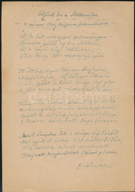 Dutka Ákos (1881-1972) költő, író Üljünk be a Müllereiba - A várady Ady Endre múzeum felavatására c. versének kézirata.