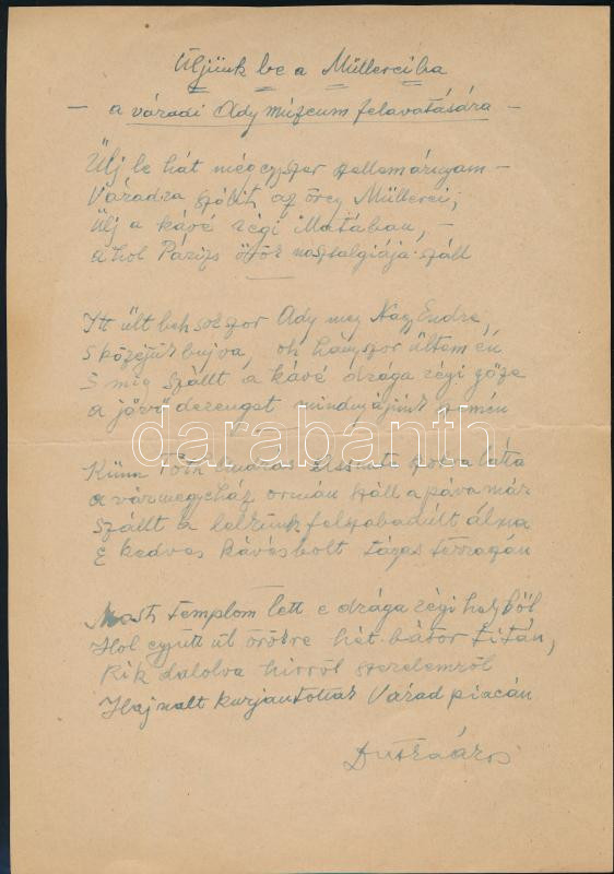 Dutka Ákos (1881-1972) költő, író Üljünk be a Müllereiba - A várady Ady Endre múzeum felavatására c. versének kézirata.