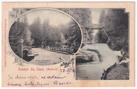 1903 Slanic Moldova, Szlanikfürdő; Drumul spre cascada, Cascada. Fanchette Fotografia Curtei Regale / Vízeséshez vezető út, vízesés / waterfall, road to the waterfall. Art Nouveau, floral (fl)