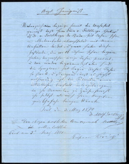 1870 Korányi Frigyes (1827-1913) belgyógyász-professzor és Goldberger Adolf.(1805-1887) orvosprofesszorok autográf igazolása német nyelven kedélybeteg nő diagnózisával Goldberger szárzazpecséttel