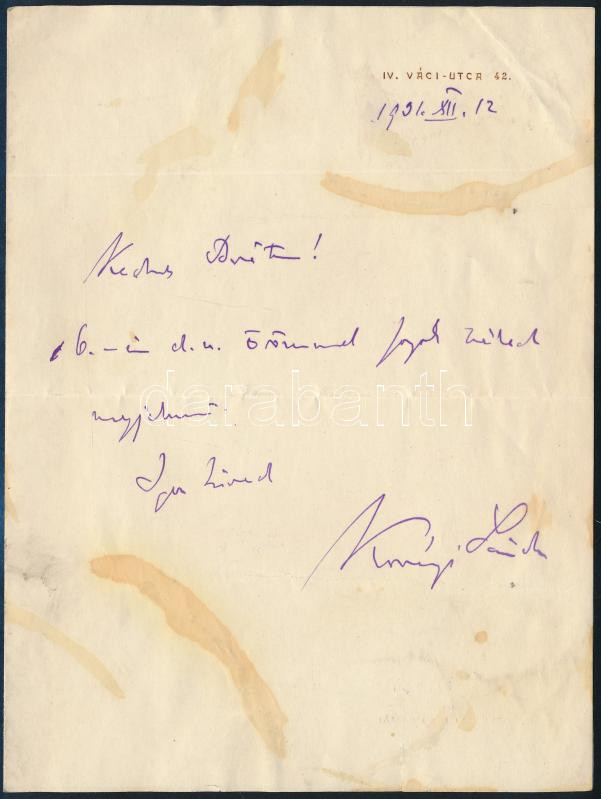 1901 Korányi Sándor, báró (1866-1944) orvos, egyetemi tanár, az MTA tagja autográf levele. Foltos.