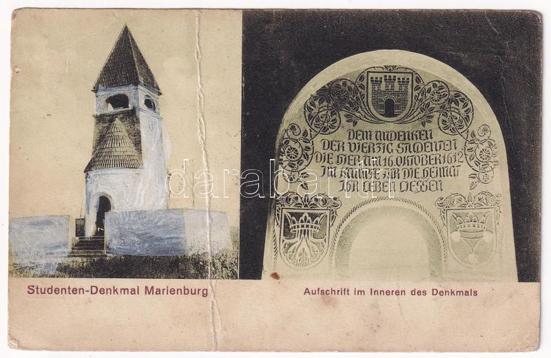 Barcaföldvár, Földvár, Marienburg, Feldioara; Studenten-Denkmal, Aufschrift im Inneren des Denkmals / Diákemlékmű (az 1612. október 14-iki csatában elesett 39 brassói diák emlékére), belső. Josef Stenner és fia kiadása / heroic