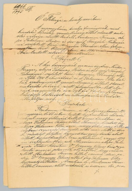 1895 Neukomm Ferenc és társai ellen gondatlanságból elkövetett emberölés bűnügyben kelt bírósági ítélet egy példánya. Neukomm és társai Salamon Tódor tuzséri birtokos lányának, halállal végződő hipnotizálása miatt