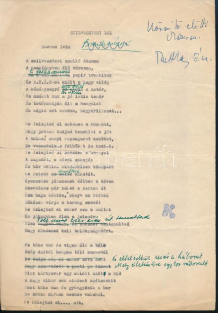 Szenes Iván (1924-2010) autográf írásával kijavított dalszövege, rajta Ruttkai Éva (1927-1986) színésznő autográf sorai és aláírása