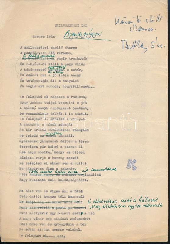 Szenes Iván (1924-2010) autográf írásával kijavított dalszövege, rajta Ruttkai Éva (1927-1986) színésznő autográf sorai és aláírása