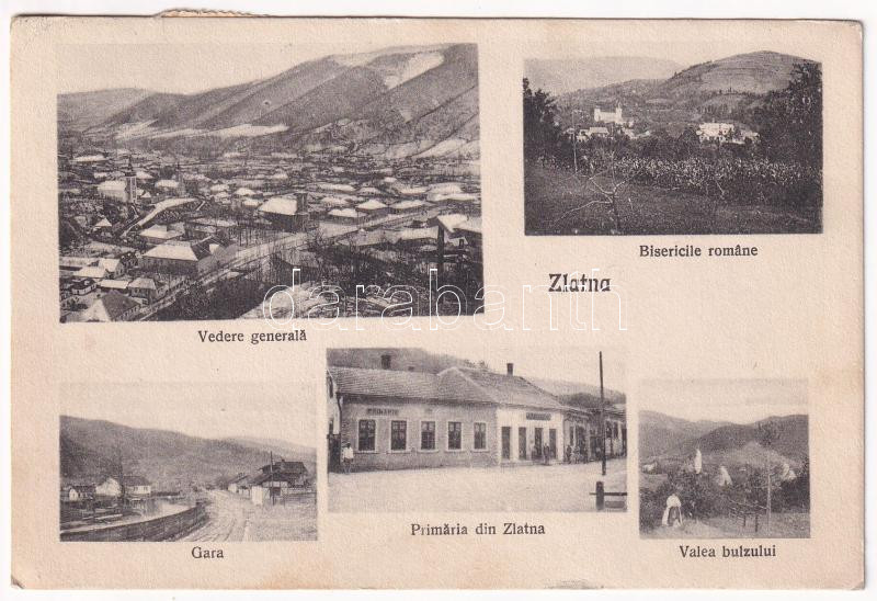 1925 Zalatna, Zlatna; Vedere generala, Bisericile romane, Gara, Primaria, Valea bulzului / látkép télen, vasútállomás, Román templomok, Városháza, völgy. Traian Baicu kiadása / general view in winter, railway station, Romanian churches,