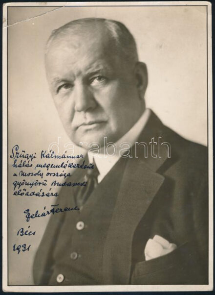 1931 Lehár Ferenc (1870-1948) zeneszerző dedikált fényképe Szügyi Kálmánnak a Mosoly országa c. operett budapesti előadására. Saroktöréssel / 1931 Autograph signed photo of Franz Lehar (1870-1948) for the Budapest show of the operetto