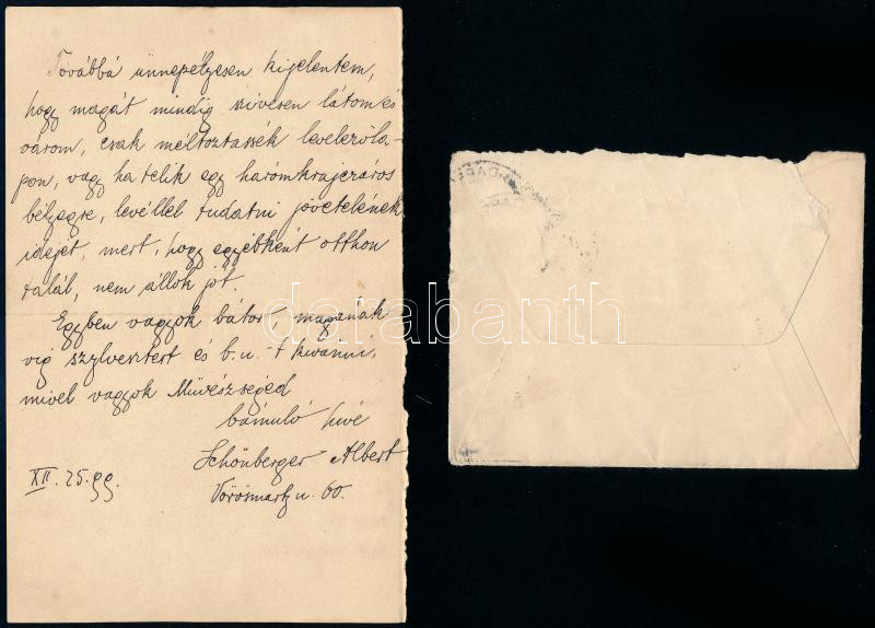 1899 Szirmay Albert (1880-1937) zeneszerző autográf levele 'Édes Détshy' megszólítással humoros hangnemben, egyben szilveszteri jókívánságaival.Décsy Károly zongoraművésznek Kettő beírt oldal borítékkal - Image 2