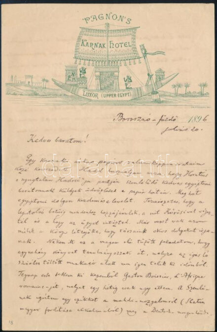 1896 Goldziher Ignác (1850-1921) magyar orientalista, egyetemi tanár, a budapesti izraelita hitközség titkára az MTA tagjának autográf levele a luxori Karnak Hotel levélpapírján Ágai Adolfnak. A levélben saját megjelenő cikkei mellett