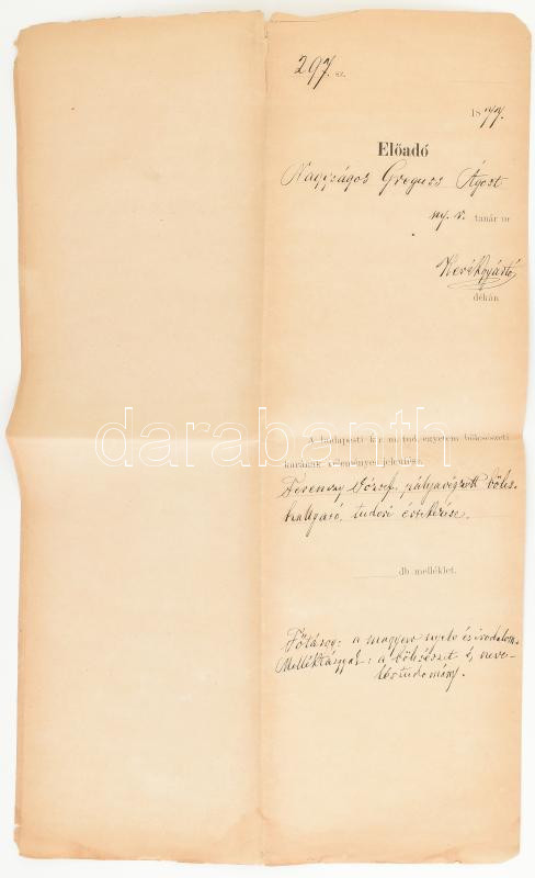 1872 Greguss Ágost (1825-1882) bölcsész, esztéta, tanár autográf sorai bölcsészkari dokumentumon - Image 2
