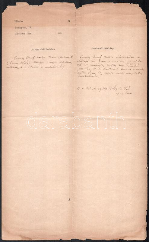 1871 Gyulai Pál (1826-1909) irodalomtörténész, író autográf sorai bölcsészkari dokumentumon Ferenczy József tudori értekezéséről. Sérült
