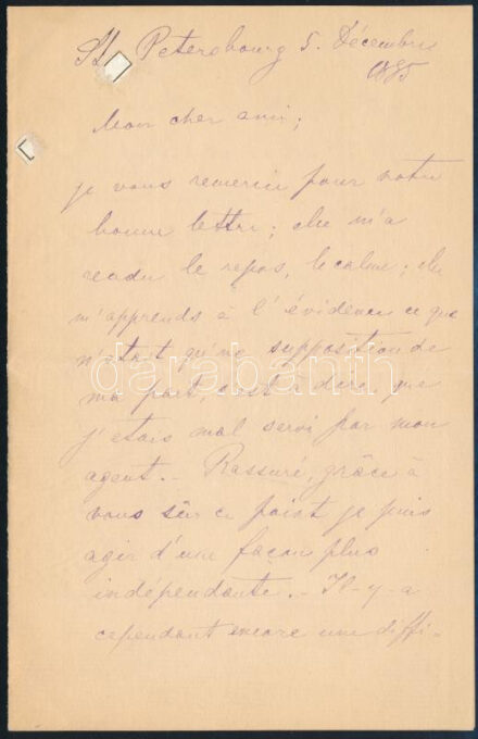 Auer Lipót, Leopold von Auer (1845-1930) hegedűművész, zenepedagógus, karmester és zeneszerző. A világ zenei életének meghatározó alakja autográf, francia nyelvű levele három beírt oldalon 'Mon cher ami ' megszólítással /