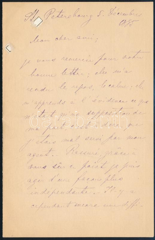 Auer Lipót, Leopold von Auer (1845-1930) hegedűművész, zenepedagógus, karmester és zeneszerző. A világ zenei életének meghatározó alakja autográf, francia nyelvű levele három beírt oldalon 'Mon cher ami ' megszólítással /
