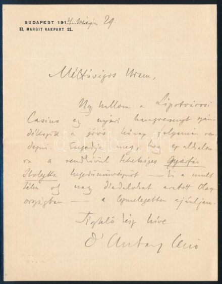 1914 Hubay, Jenő (1858-1937) zeneszerző autográf levele Rust József (1860-1935) kereskedő, a Lipótvárosi Casino elnökének, melyben figyelmébe ajánlja Gyárfás Ibolyka (1901-1986) hegedűművészt. Egy beírt oldal, borítékkal
