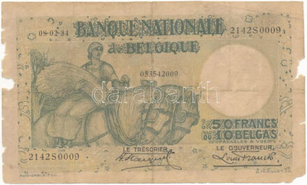 Belgium 1934. február 8. 50Fr / 10B '2142S0009 / 053542009' T:IV Belgium 1934. 8th of Februray 50 Francs / 10 Belgas '2142S0009 / 053542009' C:G
