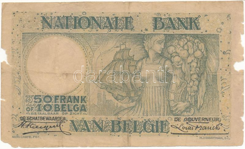 Belgium 1934. február 8. 50Fr / 10B '2142S0009 / 053542009' T:IV Belgium 1934. 8th of Februray 50 Francs / 10 Belgas '2142S0009 / 053542009' C:G - Image 2