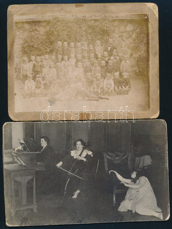Cca. 1890-1900. 4 db keményhátú fotó, (népviselet, gordonkázó nő, iskolai, esküvői) max méret: 15x11 cm - Image 2