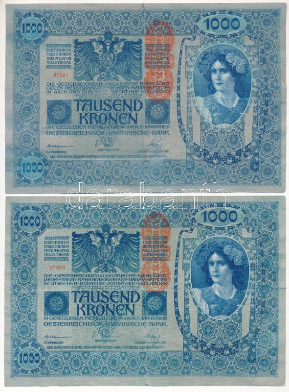 Ausztria 1919. (1902.) 1000K mindkét oldal német, piros 'DEUTSCHÖSTERREICH' függőleges felülbélyegzéssel (2x) T:III Austria 1902. 1000 Kronen both sides German, with red 'DEUTSCHÖSTERREICH' vertical overprint (2x) C:F Krause P#59