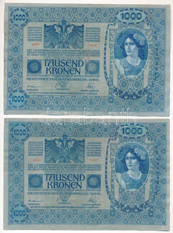 Ausztria 1919. (1902.) 1000K mindkét oldal német, piros 'DEUTSCHÖSTERREICH' függőleges felülbélyegzéssel (2x) T:III Austria 1902. 1000 Kronen both sides German, with red 'DEUTSCHÖSTERREICH' vertical overprint (2x) C:F Krause P#59 - Image 2