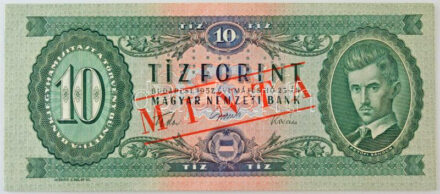 1957. 10Ft 'A 294 067221' sorozat és sorszámmal, piros 'MINTA' felülnyomással és perforációval T:AU / Hungary 1957. 10 Forint with 'A 294 067221' serial number and red 'MINTA' (SPECIMEN) overprint and perforation C:AU Adamo F4M