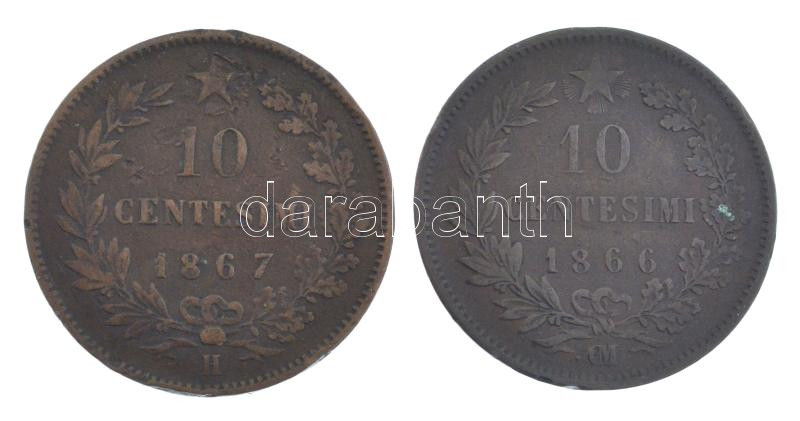 Olaszország 1866OM 10c bronz 'II. Viktor Emánuel' + 1867H 10c Br 'II. Viktor Emánuel' Birmingham verdejel T:VF Italy 1866OM 10 Centesimi bronz 'Vittorio Emanuele II' + 1867H 10 Centesimi bronz 'Vittorio Emanuele II' Birmingham mint mark