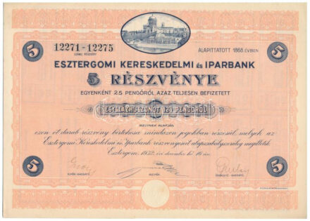 Esztergom 1932. 'Esztergomi Kereskedelmi és Iparbank' öt részvénye egyben, összesen 125P-ről, szárazpecséttel és szelvényekkel T:AU