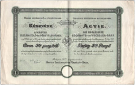 Budapest 1926. 'A Magyar Leszámítoló- és Pénzváltó-Bank' ideiglenes részvénye 50P-ről, szelvényekkel, szárazpecséttel, bélyegzésekkel T:F
