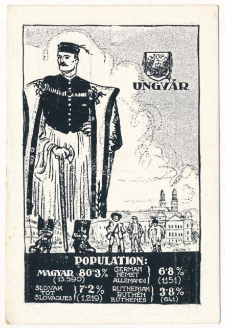 Ungvár, Uzshorod, Uzhorod; Magyar, német, tót (szlovák) és rutén (ruszin) nemzetiségek népesség aránya. Címer, Pátria rt. / Percentage of Hungarian, German, Slovakian and Ruthen (Rusyn) population. Irredenta art postcad with coat of