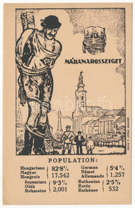 Máramarossziget, Sighetu Marmatiei; Magyar, német, román (oláh) és rutén nemzetiségek népesség aránya. Címer, Grund V. Utódai, Magyar Nemzeti Szövetség kiadása / Percentage of Hungarian, German, Romanian and Ruthenian (Rusyn)