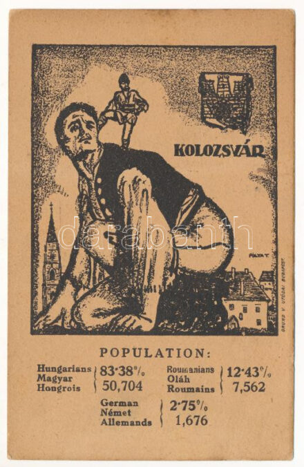 Kolozsvár, Cluj; Magyar és román nemzetiségek népesség aránya. Címer, Magyar Nemzeti Szövetség kiadása / Percentage of Hungarian and Romanian population. Irredenta art postcad with coat of arms s: Pólya Tibor (fa)