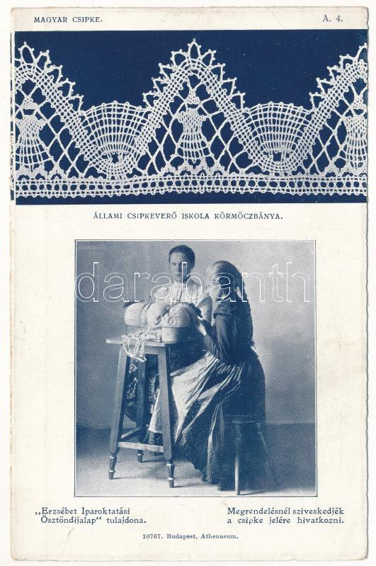 Körmöcbánya, Kremnitz, Kremnica; Állami Csipkeverő Iskola. Magyar csipke A. 4. Erzsébet Iparoktatási Ösztöndíjalap / Hungarian bobbin lace makers' school, pattern