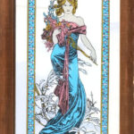 4 db Mucha dísztükör- a Négy évszak, fakeretben, kis kopásokkal, 30x15 cm