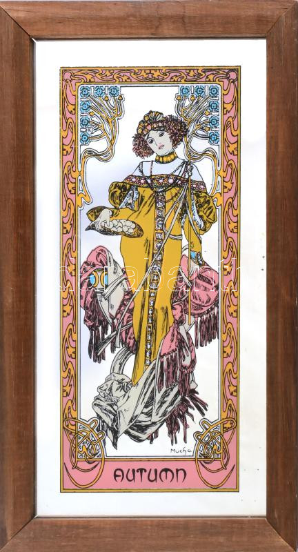 4 db Mucha dísztükör- a Négy évszak, fakeretben, kis kopásokkal, 30x15 cm - Image 2