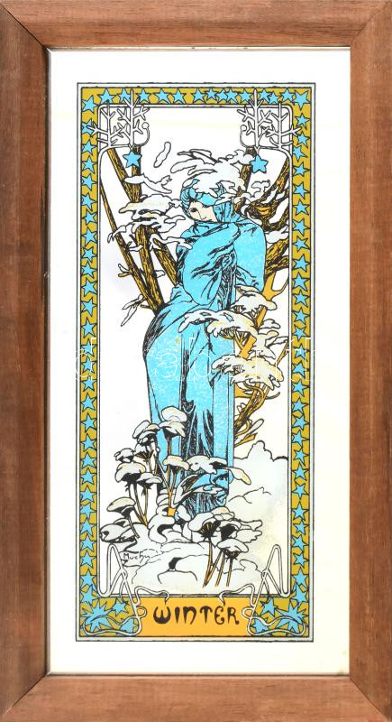4 db Mucha dísztükör- a Négy évszak, fakeretben, kis kopásokkal, 30x15 cm - Image 4