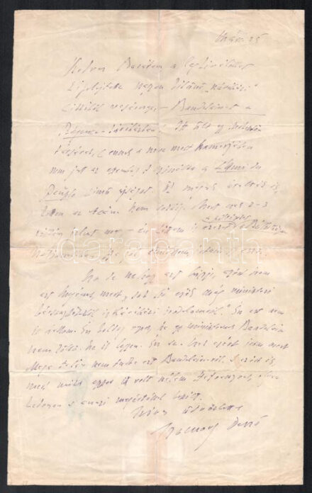 cca 1900 Szomory Dezső (1869-1944) író, újságíró, színműíró autográf levele irodalmi témákról. Egy beírt oldal