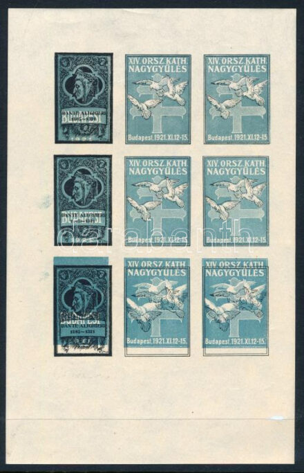 1921 XIV. Országos katolikus nagygyűlés levélzáró teljes ív, az alsó sor elcsúszott fekete színnyomattal. Nagyon ritka! / label sheet with shifted black colour