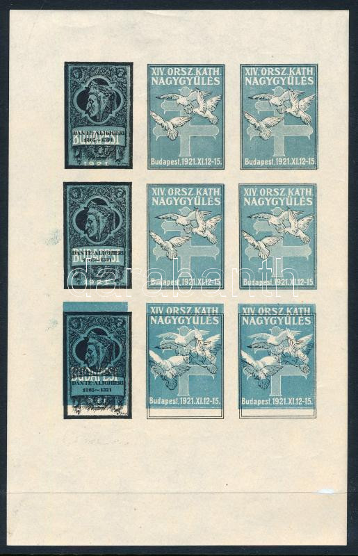 1921 XIV. Országos katolikus nagygyűlés levélzáró teljes ív, az alsó sor elcsúszott fekete színnyomattal. Nagyon ritka! / label sheet with shifted black colour