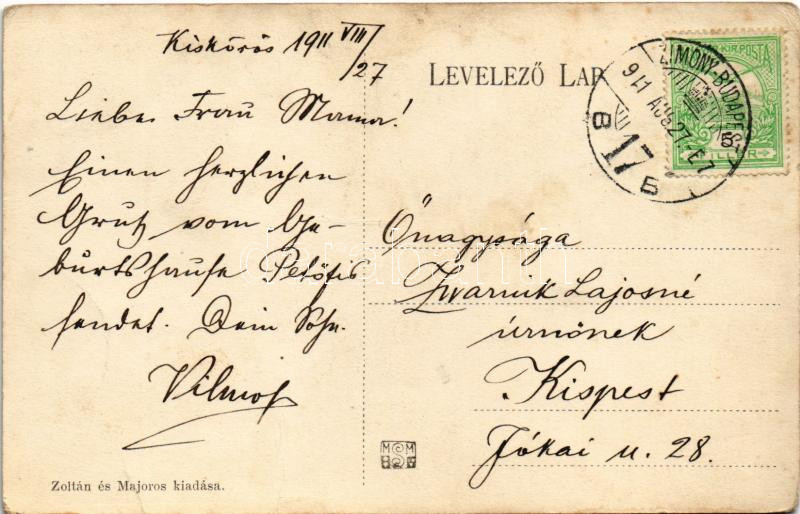 1911 Kiskőrős, Petőfi szülőháza + 'ZIMONY-BUDAPEST 17. SZ.' vasúti mozgóposta - Image 2