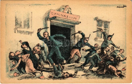 Zsidók ki az iskolából... Fehérterror Magyarországon. Verlag der Arbeiter-Buchhandlung / White Terror in Hungary, left-wing propaganda card, Judaica s: Bíró Mihály (kis szakadások / small tears)