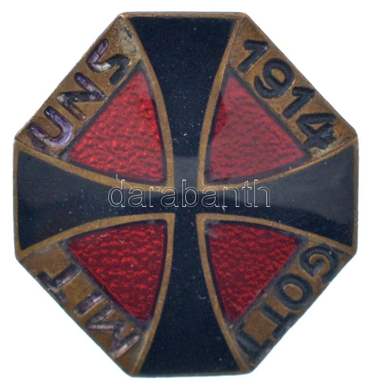 Német Birodalom 1914. 'GOTT MIT UNS 1914' zománcozott bronz jelvény, 'H.E. PEUCKER KÖNGIL HOFLT DRESDEN' gyártói jelzéssel (23x21mm) T:AU,XF / German Empire 1914. 'GOTT MIT UNS 1914' enamelled bronze badge with 'H.E. PEUCKER KÖNGIL HOFLT