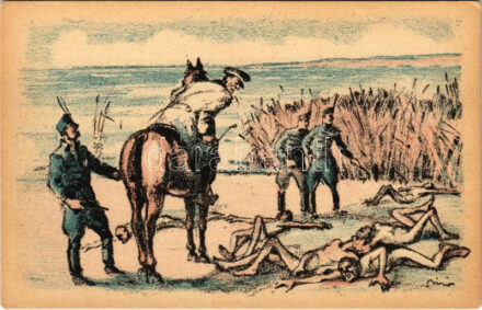 Nagybányai Horthy Miklós, Magyarország kormányzója leköpi siófoki áldozatait! Fehérterror Magyarországon. Verlag der Arbeiter-Buchhandlung / White Terror in Hungary, left-wing propaganda card, Judaica s: Bíró s: Bíró Mihály (EK)