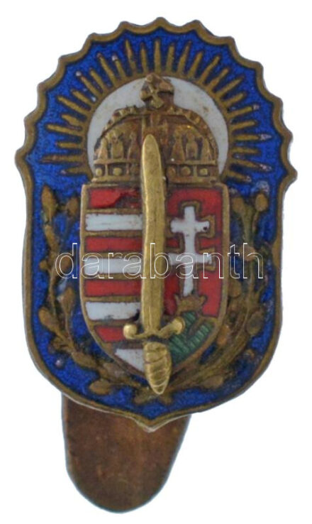 ~1920. 'Vitézi Jelvény' zománcozott bronz miniatűr gomblyukjelvénye, aranyozott kard rátéttel, 'JEROU BP VÁCI UTCA 39' gyártói jelzéssel (17x11mm) T:XF / Hungary ~1920. 'Badge of the Order of Vitéz' enamelled bronze miniature