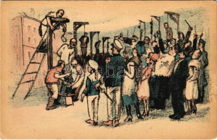 A 'jogrend' helyre van állítva! Fehérterror Magyarországon. Verlag der Arbeiter-Buchhandlung / White Terror in Hungary, left-wing propaganda card, Judaica s: Bíró s: Bíró Mihály (EK)