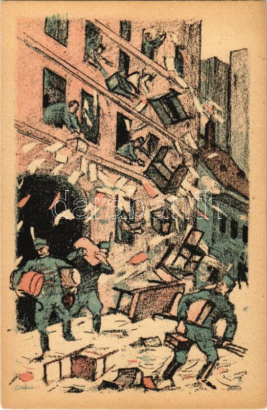 Házkutatás fehér módon. Fehérterror Magyarországon. Verlag der Arbeiter-Buchhandlung / White Terror in Hungary, left-wing propaganda card, Judaica s: Bíró s: Bíró Mihály