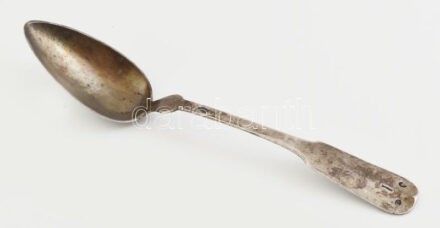 Ezüst (Ag) antik köretes kanál, jelzett, h: 26 cm, nettó: 91,7g