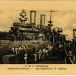 SMS Babenberg az Osztrák-Magyar Haditengerészet Habsburg-osztályú pre-dreadnought csatahajója, marózok szenet pakolnak. G. Fano Pola, 1910-11. 197. / K.u.K. Kriegsmarine Linienschiffe, Kohleneinschiffung / WWI Austro-Hungarian Navy, SMS