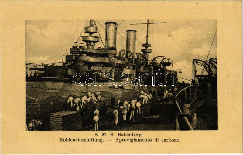 SMS Babenberg az Osztrák-Magyar Haditengerészet Habsburg-osztályú pre-dreadnought csatahajója, marózok szenet pakolnak. G. Fano Pola, 1910-11. 197. / K.u.K. Kriegsmarine Linienschiffe, Kohleneinschiffung / WWI Austro-Hungarian Navy, SMS